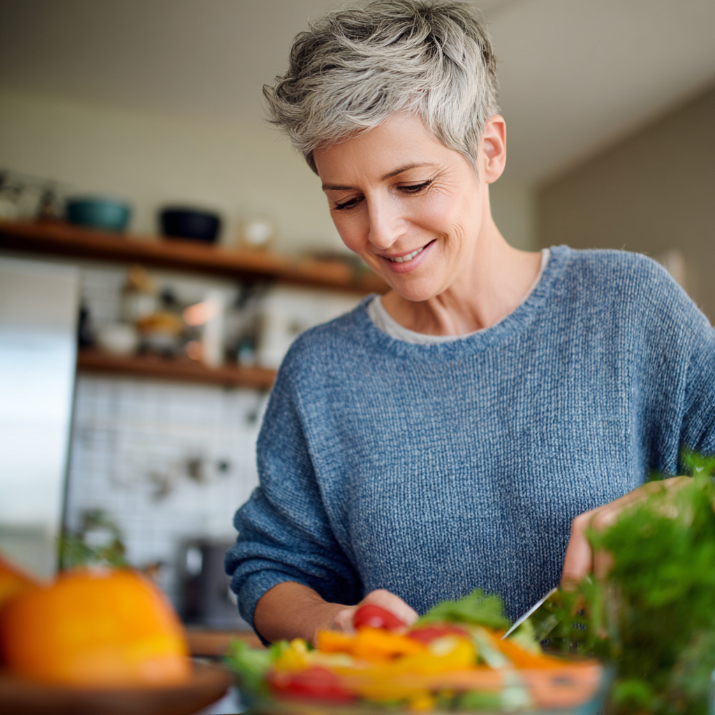 Professional middle-aged woman around 45 years old with short gray hair, wearing a casual blue sweater, smiling while preparing a healthy colorful salad in a bright modern kitchen, representing mature adults embracing nutritious meal planning